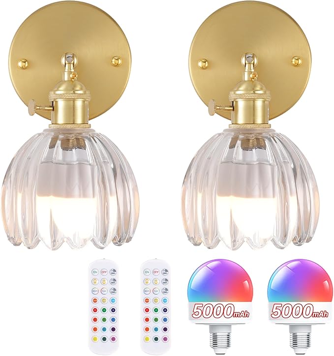 Vintage Battery Operated Wall Sconce with Clear Tulip Glass Lampshade 5000 mAh Rechargeable Battery Powered Wall Light with Remote Control for Bedside Bedroom Doorway, Set of 2