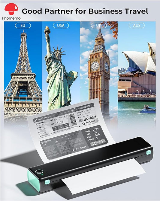 Phomemo Portable Printers Wireless for Travel, M08F Inkless Thermal Printer Support for 8.5"x11" US Letter, Small Bluetooth Printer Compatible with Phone, Laptop for Car, Office, Home Use, School