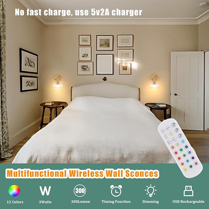 Vintage Battery Operated Wall Sconce with Clear Striped Glass Lampshade 5000 mAh Rechargeable Battery Powered Wall Light with Remote Control for Bedside Bedroom Doorway, Set of 2