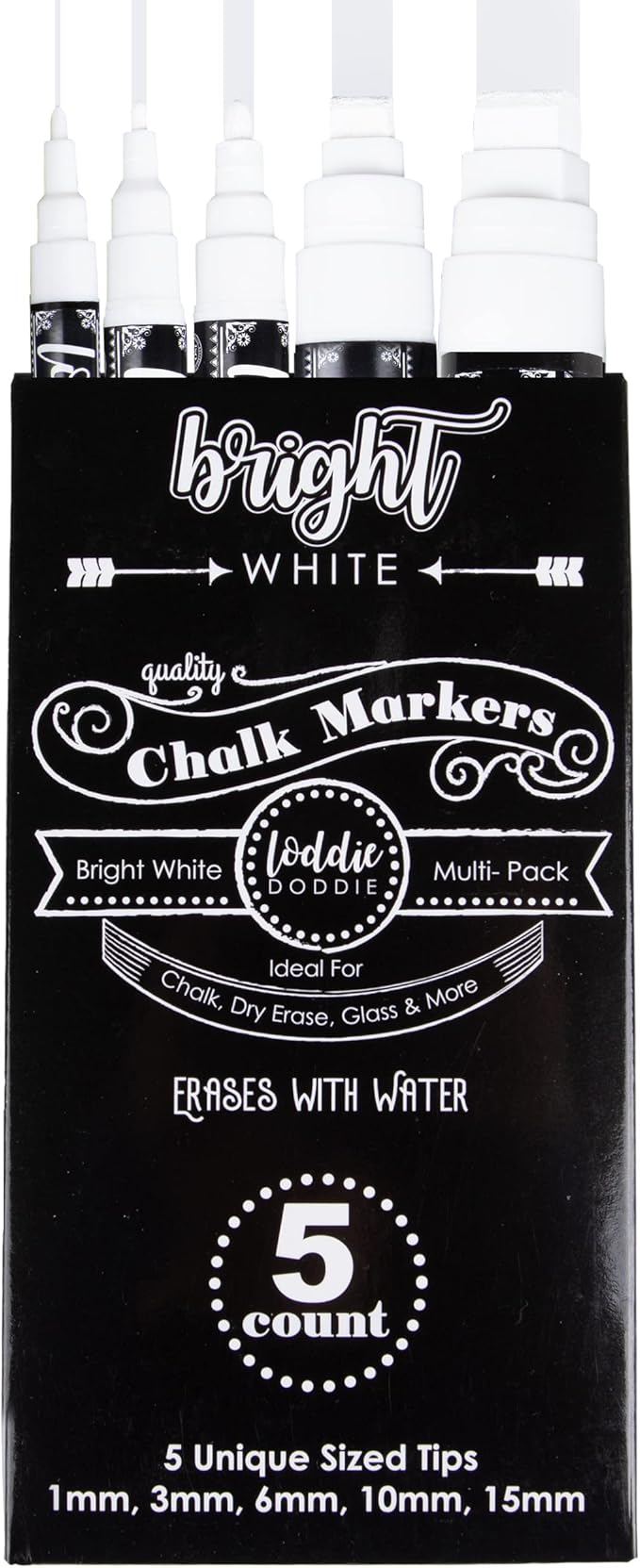 Loddie Doddie Erasable White Chalk Markers for Signs, Blackboard, Glass - Ultra Fine, Medium, Broad Tips (1mm, 3mm, 6mm, 10mm, 15mm) - Liquid Chalk Markers - Pack of 5