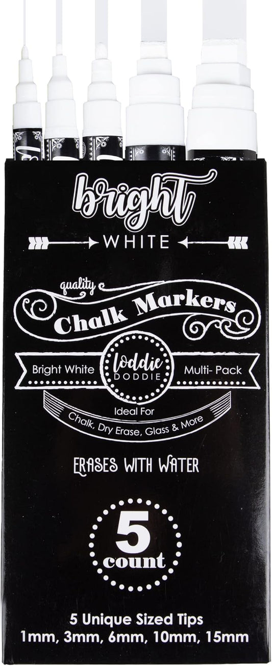 Loddie Doddie Erasable White Chalk Markers for Signs, Blackboard, Glass - Ultra Fine, Medium, Broad Tips (1mm, 3mm, 6mm, 10mm, 15mm) - Liquid Chalk Markers - Pack of 5