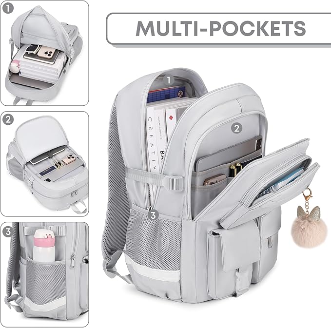 3PCS School Backpack For Student Women College Middle High Teen Girls Bookbag Waterproof Laptop Bag Grey