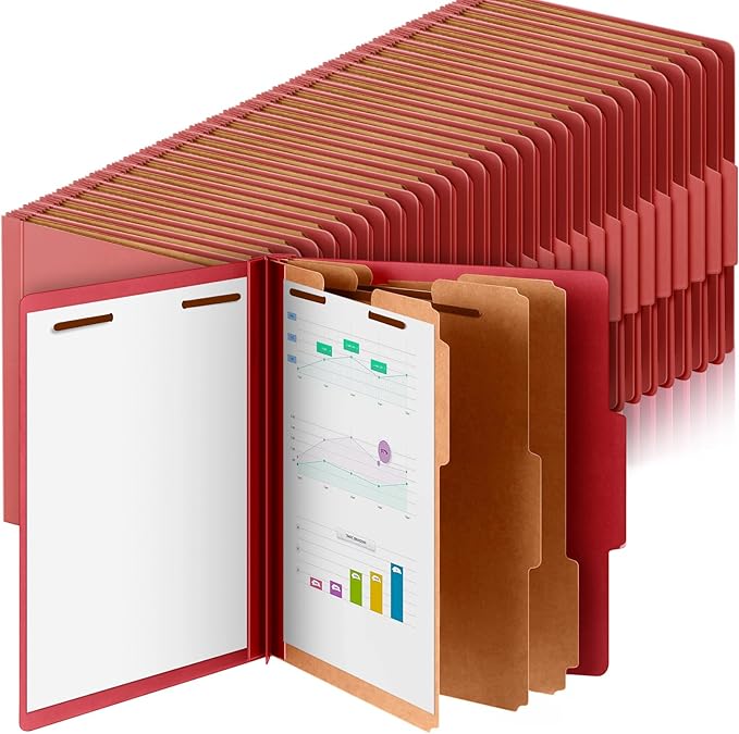 60 Pcs Classification Folders Letter Size, 3 Divider Pressboard File Folder with Fasteners, Expanding File Organizer Bulk for Teachers, Clergy, Office, Church, Christmas Donations (Red)