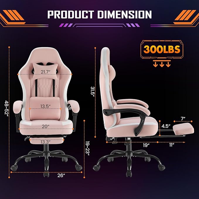 Sweetcrispy Computer Gaming Chair - High Back Ergonomic Desk Chair with Footrest and Lumbar Support, Height Adjustable Task Chair with Linkage Armrests and Headrest, 360° Swivel Wheels, Pink