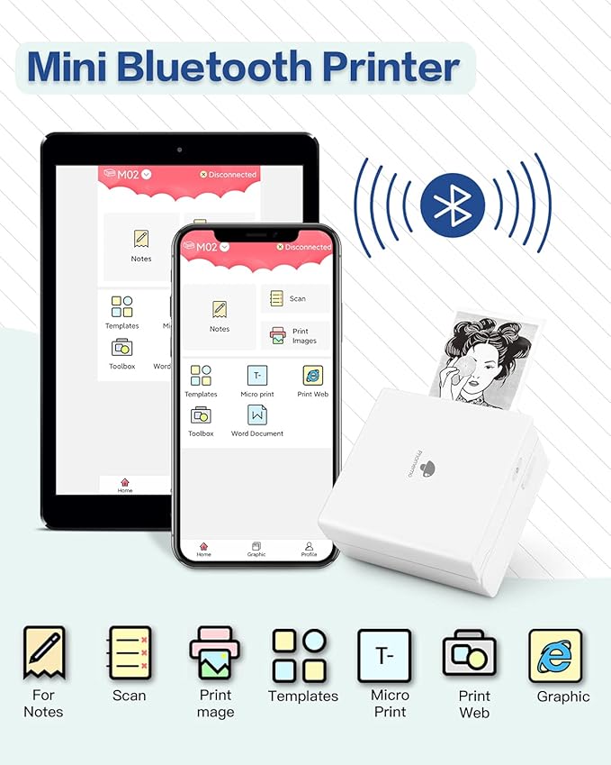 Memoqueen M02 Portable Bluetooth Thermal Sticker Printer, Mini Mobile Printer, Compatible with iOS & Android, for DIY Journal, Notes, Cartoon, Mini Banner, White