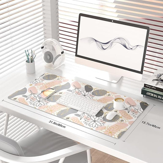 QiyI Large Mouse Pad, Extended Desk Mat for Desktop, PU Leather Waterproof Gaming Mousepad, Computer Desk Accessories Protector Writing Pads for School Office Home 31.5" x 15.7" - Line Art Flowers