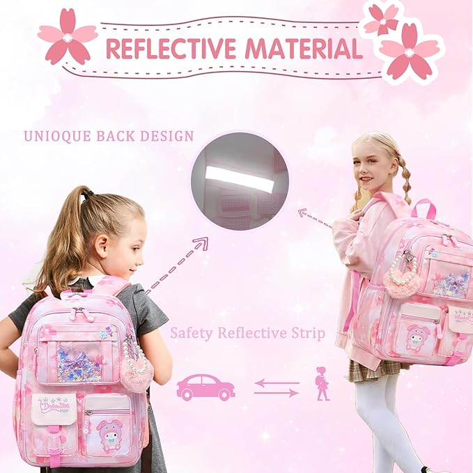 Lovely Girls Backpack School Bag for Students Kids Book Bag with Multiple Pockets Splash-proof Children's Backpack（17inch Pink）