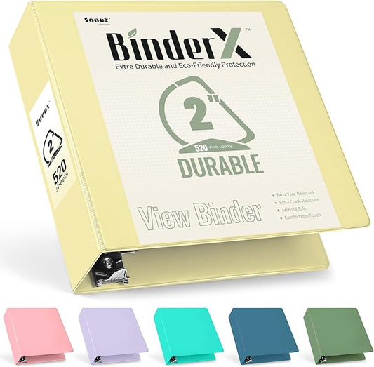 Sooez BinderX Extra Durable 2 Inch 3-Ring Binder, Holds 520 Sheets of 8.5x11 Paper, Customizable View Cover with Inside Pockets, Heavy Duty Binder for School, Light Yellow