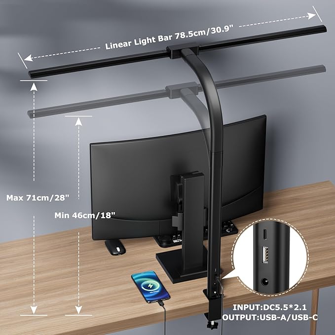 Desk lamp,LED Desk Lamps for Home Office,Eye-Caring Architect Lamp for Desk with Clamp,Dual Screen Computer Monitor Gooseneck Smart Light:24W 10 Color Flexible Adjustable Desk Lamp for Study Drafting