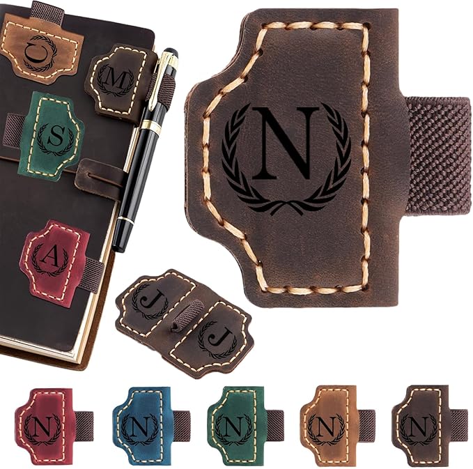 Artlaza Personalized Magnetic Leather Bookmark with Pen Holder - 26 Letters Custom Book Mark with Name Initial Engraved Book Marker for Readers, Book Lovers, Travelers - Gift for Women & Men(Brown，N