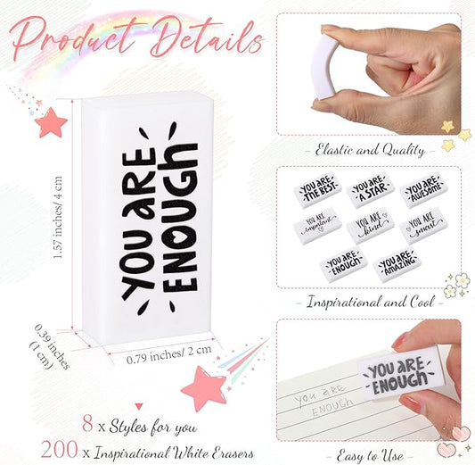 PerKoop 200 Pcs Back to School Inspirational Small Pencil Erasers Bulk for Kids, White Cute Fun Motivational Erasers Gifts for Teachers Students Classroom Reward First Day of School Supplies