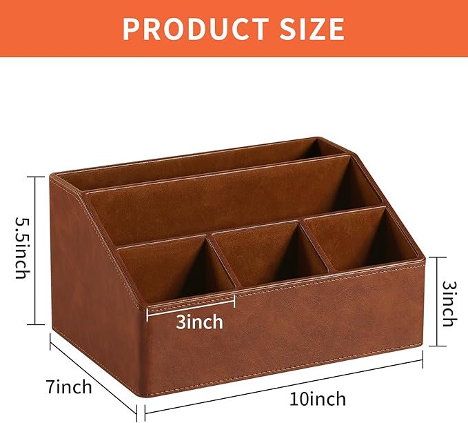Remote Control Holder with 5 Compartments for Office Art Supplies, PU Leather Nightstand Organizer Pencil Pen Desk Caddy for Home, Desktop TV Remote Control Organizer Storage (Brown)