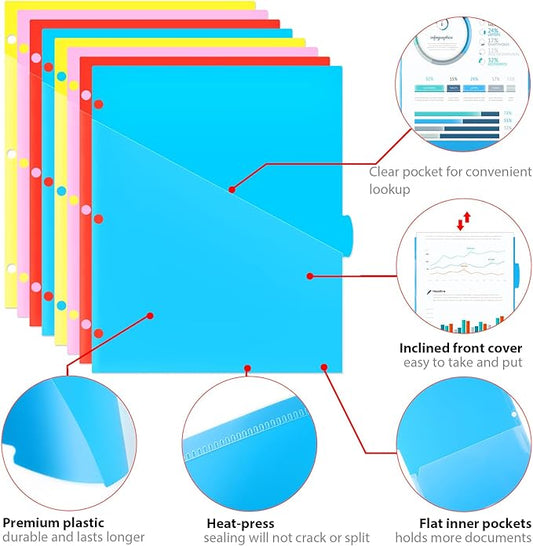 8 Tabs Plastic Dividers with 2 Clear Pockets - 6 Sets, Pocket Dividers for 3-Ring Binders, Multi-Color Binder Dividers, Total 48 Tabs