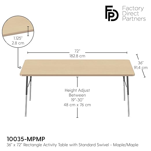 FDP Rectangle Activity School and Office Table (36 x 72 inch), Standard Legs with Swivel Glides, Adjustable Height 19-30 inches - Maple Top and Maple Edge