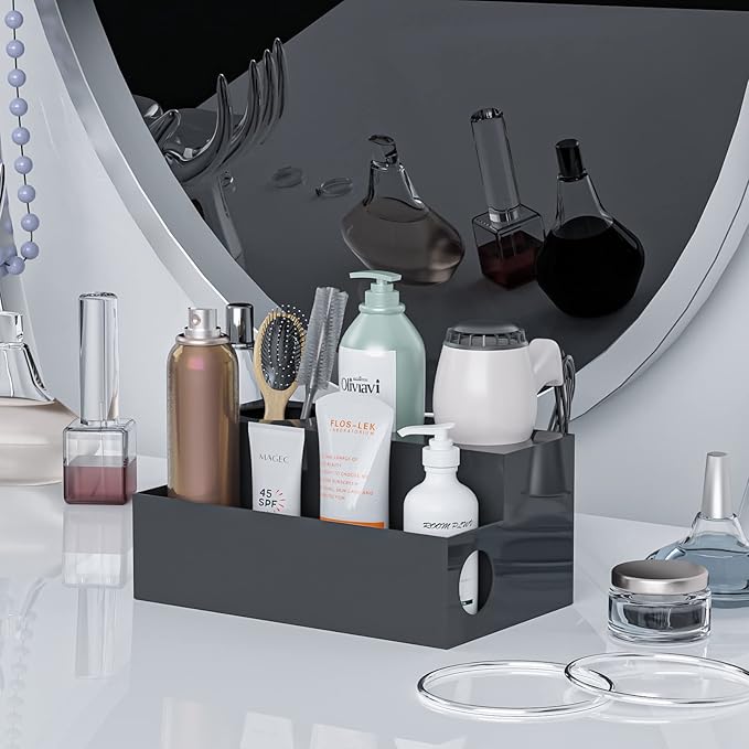 Hair Tool Organizer, Black Acrylic Hair Dryer Holder with 3 Cups, Bathroom Supplies Countertop Blow Dryer Holder, Vanity Caddy Storage Stand for Accessories, Makeup, Toiletries