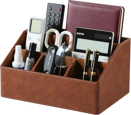 Remote Control Holder with 5 Compartments for Office Art Supplies, PU Leather Nightstand Organizer Pencil Pen Desk Caddy for Home, Desktop TV Remote Control Organizer Storage (Brown)
