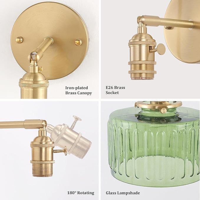 Vintage Battery Operated Wall Sconce with Green Striped Glass Lampshade 5000 mAh Rechargeable Battery Powered Wall Light with Remote Control for Bedside Bedroom Doorway, Set of 2