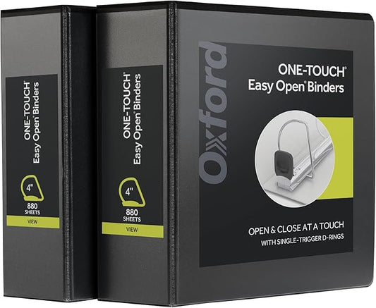 Oxford 3 Ring Binders, Binders for School and Office, Durable 4 Inch, ONE-Touch Easy Open D Rings, View Binder Covers, 4 Interior Pockets, PVC-Free, Holds 880 Sheets, Black, 2 Pack (79920)