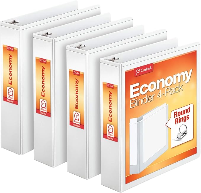 Cardinal Performer 3-Ring Binders, 3", Non-Locking Slant-D Rings, White, 4-Pack & Economy 3 Ring Binder, 2 Inch, Presentation View, White, Holds 475 Sheets, Nonstick, PVC Free, 4 Pack of Binders