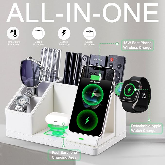 White Leather Desk Organizer with Wireless Charger – 3-in-1 Charging Station for Phone, Watch & Earbuds, 4-Compartment Remote & Office Supplies Caddy for Home Office, Gifts for Women & Men (white)