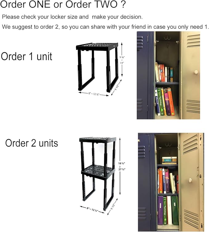 Locker Organizer Shelf， Adjustable Width and Height, Ideal Locker for School, Office, and Gym Lockers (Black)