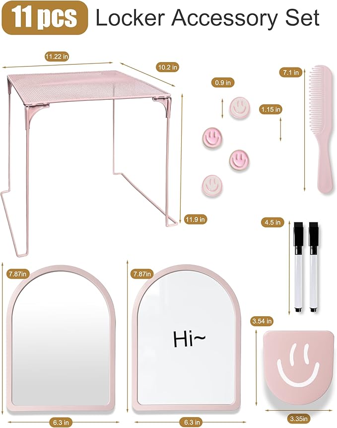 KEYDUACU 10 pcs - Locker Accessories, Locker Decorations Including Mirrors, whiteboards, Magnets and organizing Supplies. Ideal for Back-to-School Essentials and The Office (11 Pcs - Pink)