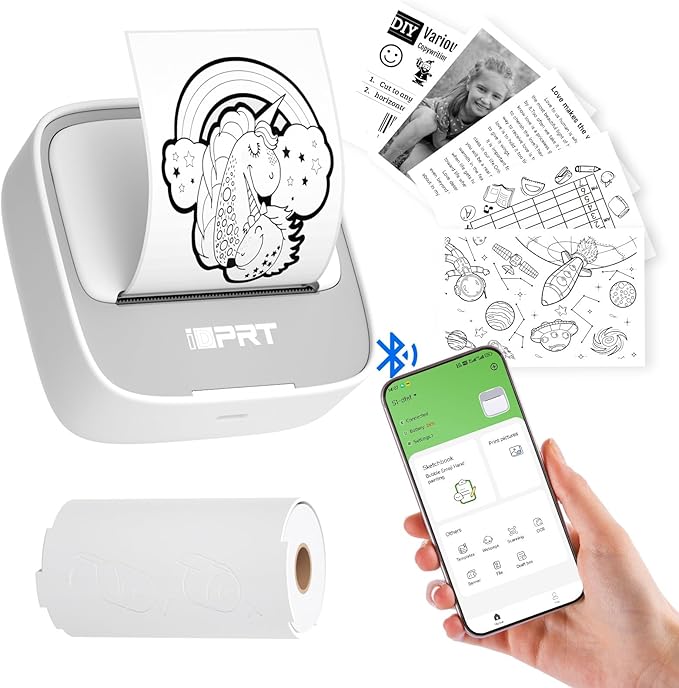 iDPRT Mini Sticker Maker Portable Printer with 1 Roll Sticker Paper - Bluetooth Inkless Printers for Study Notes, Pictures, DIY, Label, iOS & Android Free App with Multiple Templates, Grey