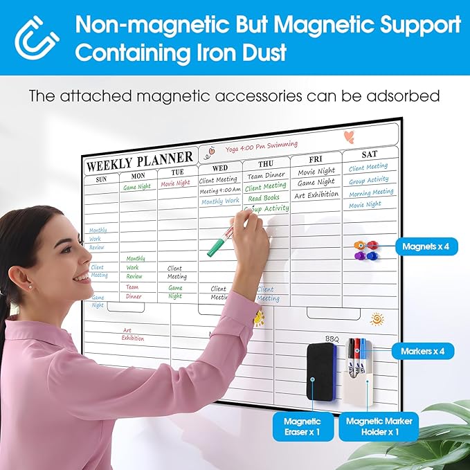 MaxGear 36"x24" Adhesive Dry Erase Calendar Weekly Whiteboard for Wall, Office, Classroom, Home, Drill-Free Installation, 1 Marker Holder, 4 Markers, 1 Eraser, 6 Magnets, Smooth Writing & Erasing
