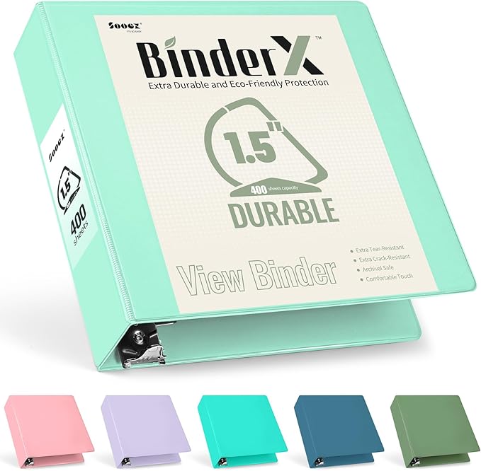 Sooez BinderX Extra Durable 1.5 Inch 3-Ring Binder, Holds 400 Sheets of 8.5x11 Paper, Customizable View Cover with Inside Pockets, Heavy Duty Binder for School, Light Green