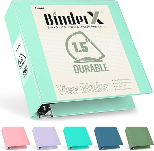 Sooez BinderX Extra Durable 1.5 Inch 3-Ring Binder, Holds 400 Sheets of 8.5x11 Paper, Customizable View Cover with Inside Pockets, Heavy Duty Binder for School, Light Green