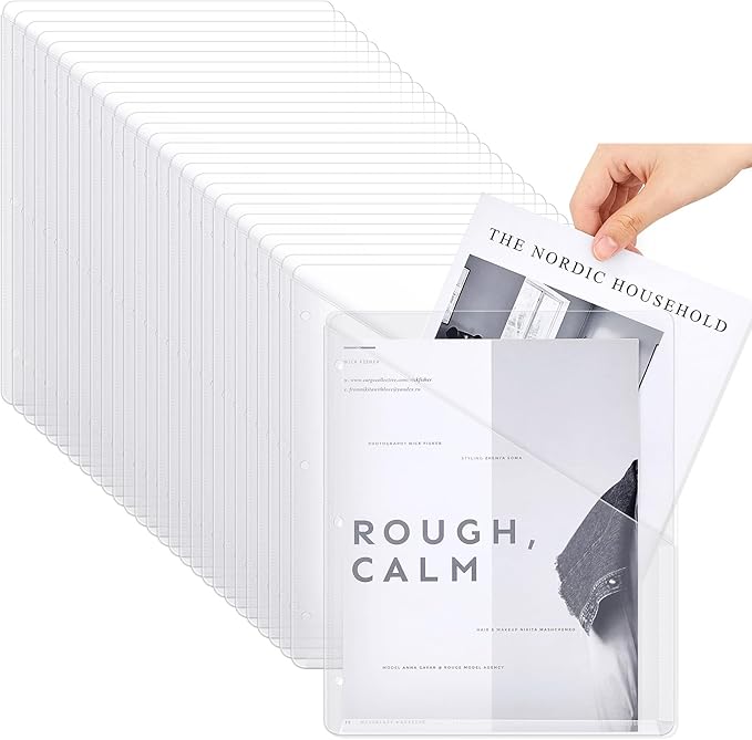 Seajan 100 Pcs Pocket Folders for 3 Ring Binder Clear Plastic Folders Sleeves with 2 Pockets 3 Hole Punch Binder Dividers Poly Slash File Jackets for Office School Document Organizer (White)