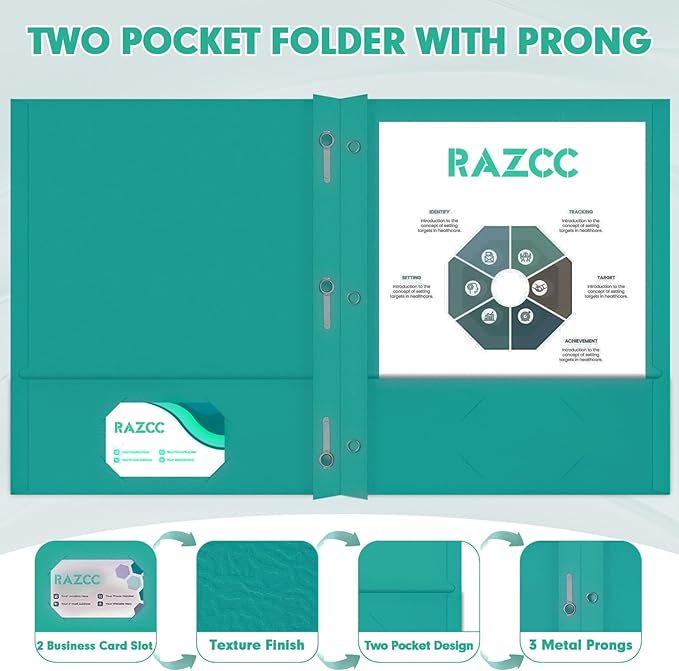 Two Pocket Folders, RAZCC 50 Pack Two Pocket Folders with Prongs, 3 Prong Folders Fit Letter Size Paper, Pocket File Folders for School Office Home Business, Turquoise