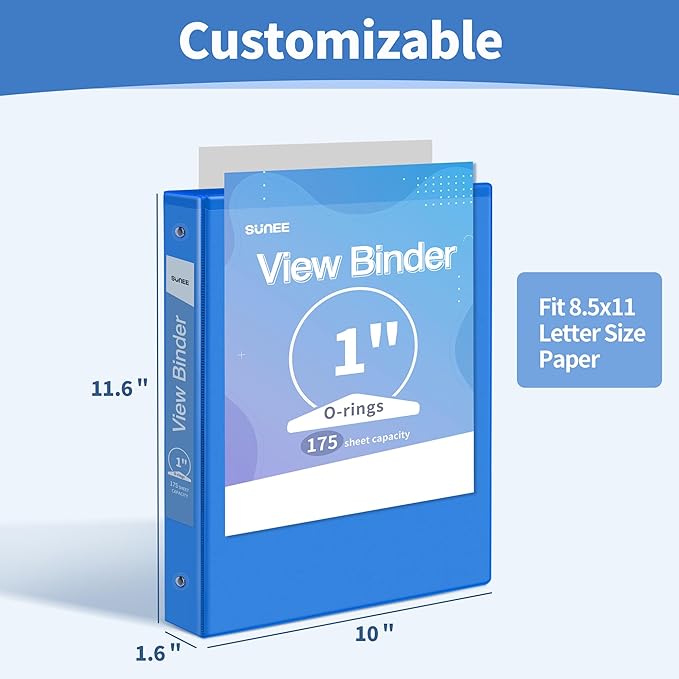 SUNEE 3 Ring Binder 1 Inch 1 Pack, Clear View Binder Three Ring PVC-Free (Fit 8.5x11 Inches) for School or Office Supplies, Blue