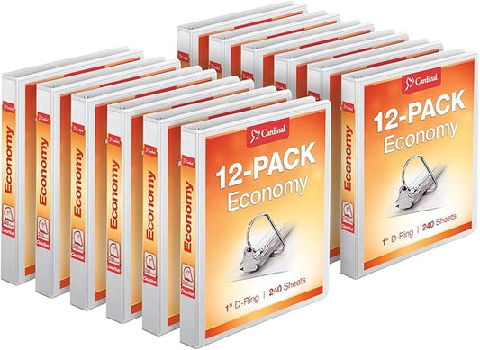 Cardinal Economy 3-Ring Binders, 1", Slant-D Rings, Holds 240 Sheets, ClearVue Presentation View, Non-Stick, White, Case of 12 (90741)