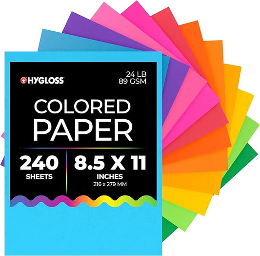 Hygloss Assorted Bright Colored Paper - 24 lb, 89 GSM, Acid-Free, Fade-Resistant, 8.5x11-Inch Letter Size Color Copy Paper, 240 Sheets, 12 Colors