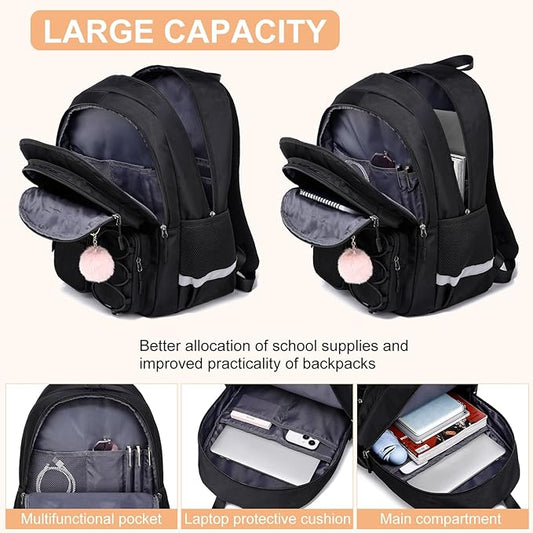 School Backpack for Teen Girls, Cute College Back Pack for Women, Kids Backpack for Girls, Middle Students School BookBag, 15.6 Inch Laptop Bag Travel Back Pack, Black
