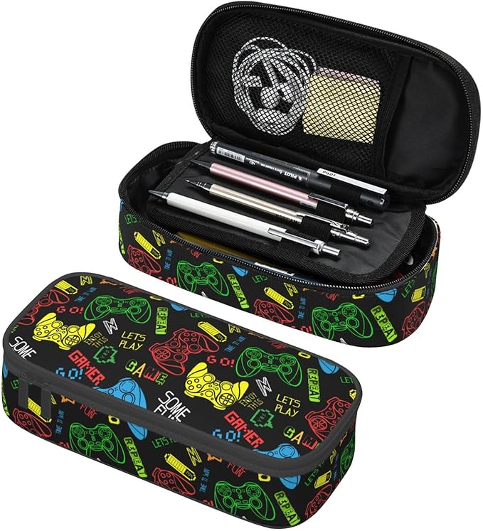 Colorful Video Game Controller Large Pencil Case With Zipper Compartments Stationery Pencil Bag For Kids Teens Students School Supplies