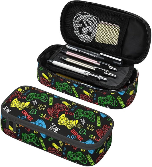 Colorful Video Game Controller Large Pencil Case With Zipper Compartments Stationery Pencil Bag For Kids Teens Students School Supplies