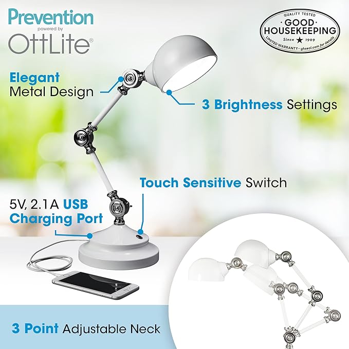OttLite Pevention Pharmacy Adjustable LED Desk Lamp with USB Charging - Designed to Reduce Eyestrain, 3-Point Adjustable Neck, 3 Brightness Settings with Touch Controls