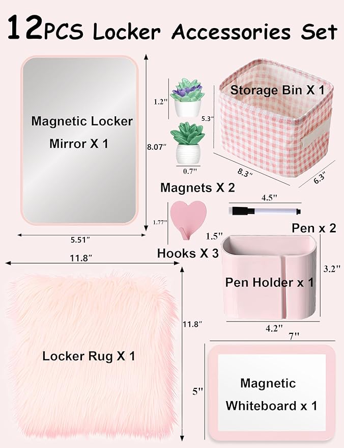12 Pcs Pink Locker Accessories Kit Locker Organizer for Girls, Magnetic Whiteboard Magnet Locker Mirror Rug Pen Holder Storage Basket Hook, Back to School Locker Kit for School Locker Decor Office