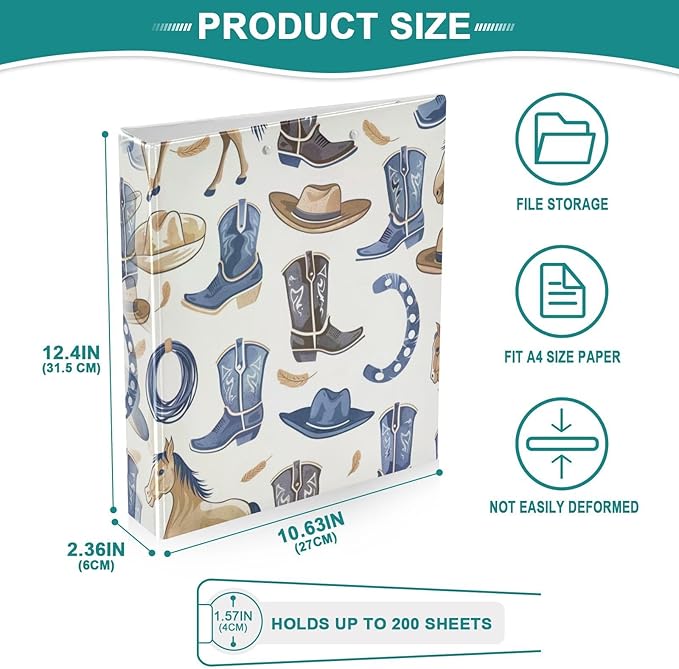 Western Horse Boots Decorative 3 Ring Binder 1.5 Inch Large View Binders with Pockets File Organizer for Office College School, 2 Pack