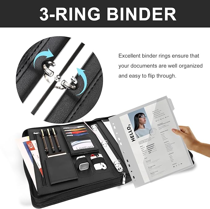 Leathario 3-Ring Portfolio Binder, Includes 5 Folder Index Dividers, 13 Inch Tablets Organizer with Handle, Vegan Leather A4 Padfolio, Multi-Pocket Notepad Business Planner Professional Document