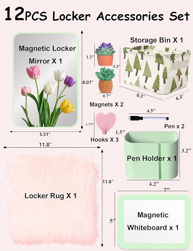 12 Pcs Green Locker Accessories Kit Locker Organizer for Girls, Magnetic Whiteboard Magnet Locker Mirror Rug Pen Holder Storage Basket Hook, Back to School Locker Kit for School Locker Decor Office