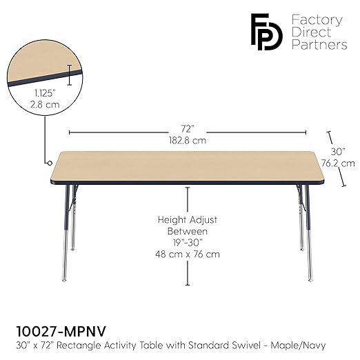 FDP Rectangle Activity School and Office Table (30 x 72 inch), Standard Legs with Swivel Glides, Adjustable Height 19-30 inches - Maple Top and Navy Edge