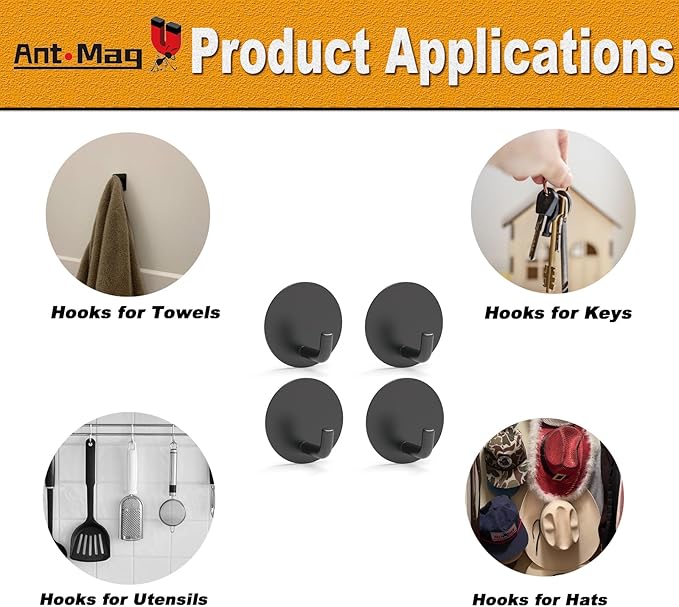 Ant Mag Magnetic Key Hooks 4 Pack Wall Mounted for Hanging Key Towel Bag Hat Scarf Wreath on Metal Surface for Home Kitchen Bathroom Fridge Cabinet Entryway