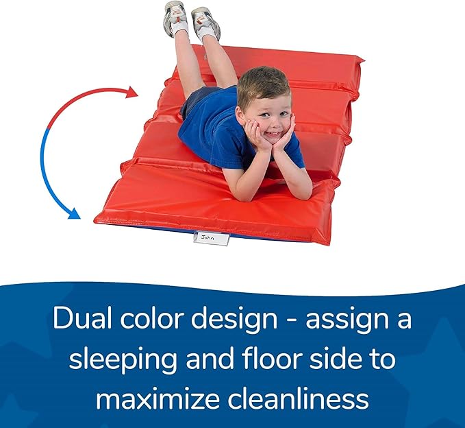 Children's Factory Angels 2" Thick Toddler Nap Mat, Red-Blue, 4 Section Waterproof Sleeping Mat for use in Preschools and Daycares