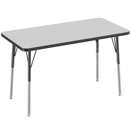 FDP Rectangle Activity School and Office Table (24 x 48 inch), Standard Legs with Swivel Glides, Adjustable Height 19-30 inches - Gray Top and Black Edge