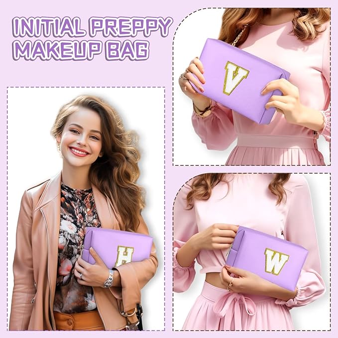 TOPEAST Small Makeup Bag Initial Cosmetic Bag Travel Toiletry Bag, Personalized Birthday Gift for Mom Sister Friends Teacher Nurse, Preppy Travel Stuff for Girls (Purple O)