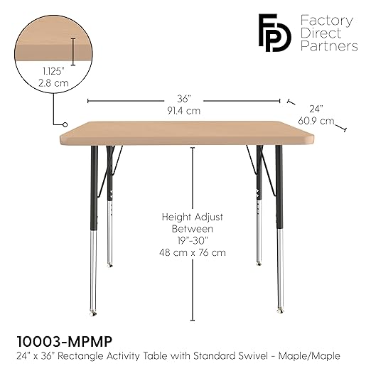 Factory Direct Partners FDP Rectangle Activity School and Office Table (24 x 36 inch), Standard Legs with Swivel Glides, Adjustable Height 19-30 inches - Maple Top and Maple Edge