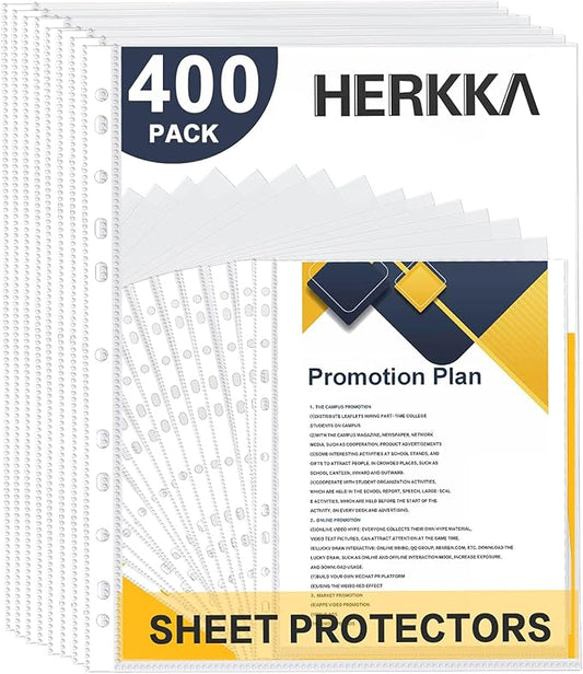 Sheet Protectors, HERKKA 400Pack Heavy Duty Page Protectors Holds 8.5 x 11 inch Sheets, 9.25 x 11.25 inch Top Loading, Clear, Reinforced 11-Hole Fit for 3 Ring Binder